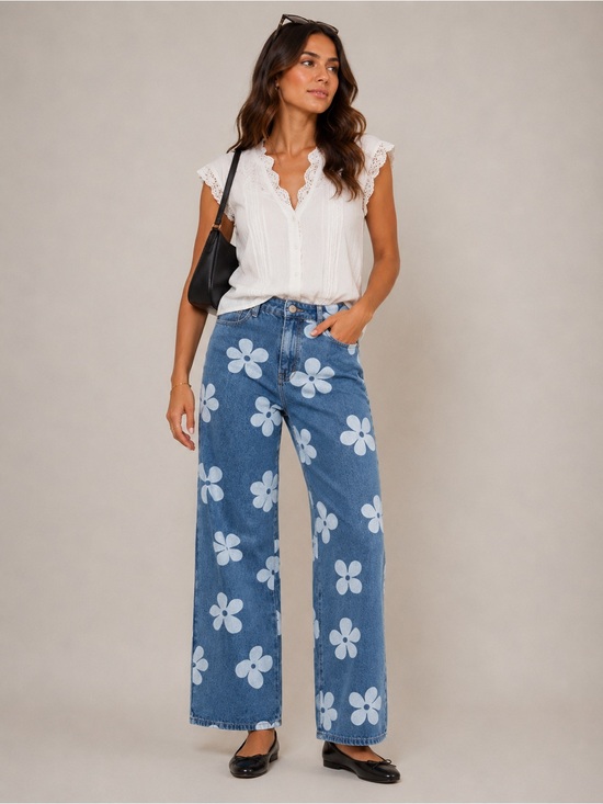 Flying Angel Denim - High-Rise Blue Floral Wide-Leg Jeans
